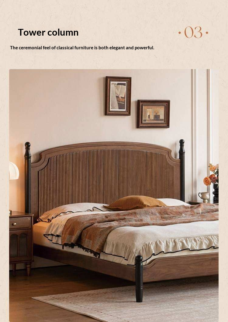 Black Walnut Solid Wood Bed with Reeded Arched Headboard and Turned Corner Posts