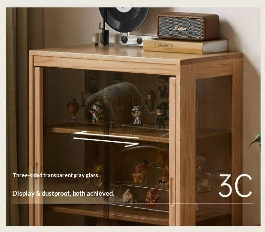 Black Walnut, Oak Solid Wood Glass Display Cabinet with Drawers