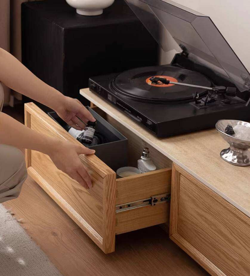 Oak Solid Wood TV Stand with Integrated Storage and Stone Top Panel