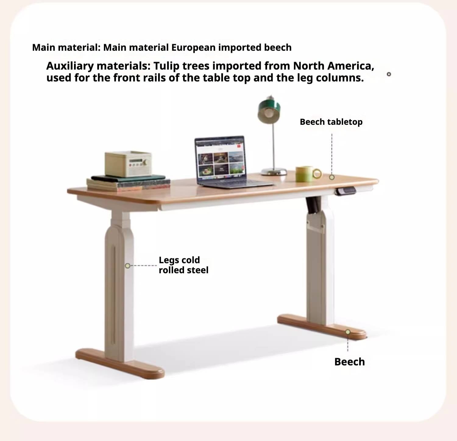 Beech Solid Wood Cream Style Study Electric Lift Desk.
