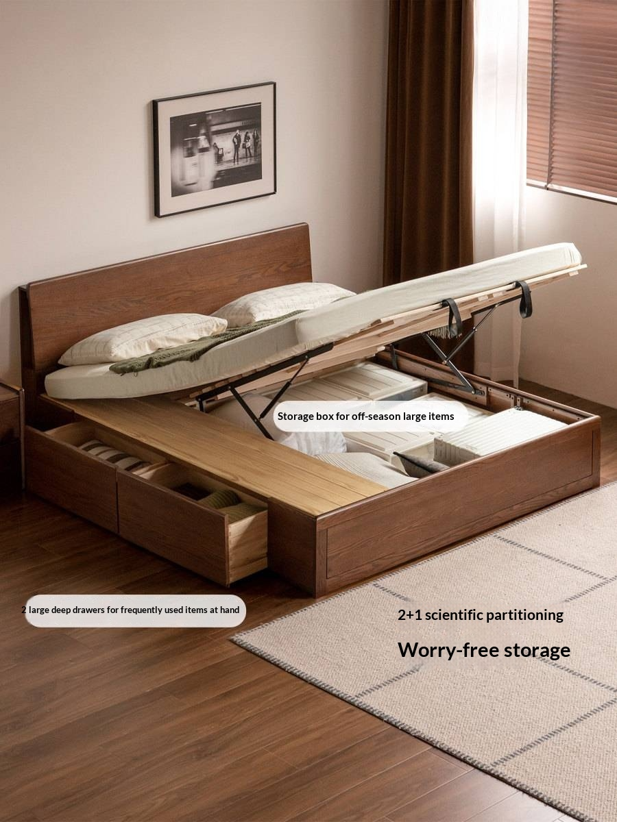 Oak, Rubberwood Solid Wood, Multifunctional Storage Box Bed