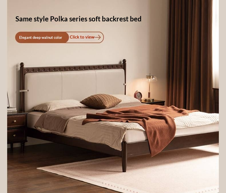Black Walnut Solid Wood Bed — French Retro Style with Soft Backrest and Genuine Leather Upholstery