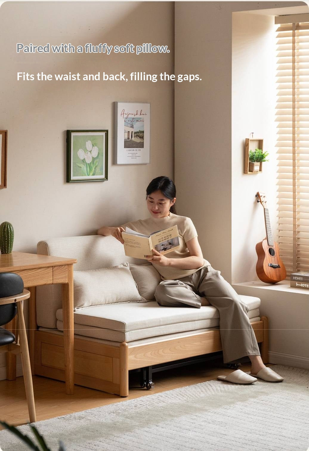 Beech Solid Wood Minimalist Pull-Out Sofa Bed