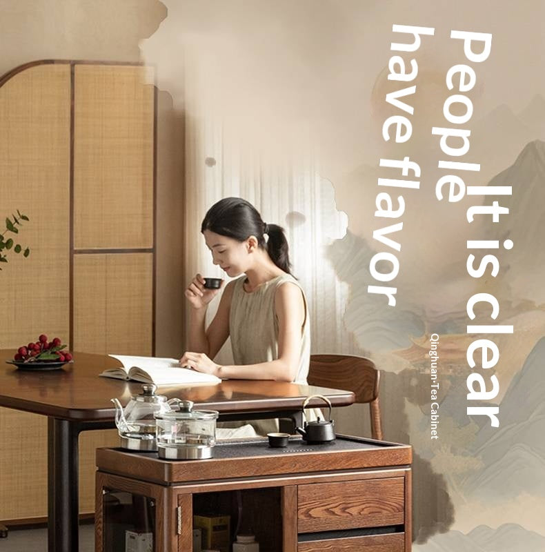 Ash Solid Wood Mobile Tea Cabinet Kettle Integrated