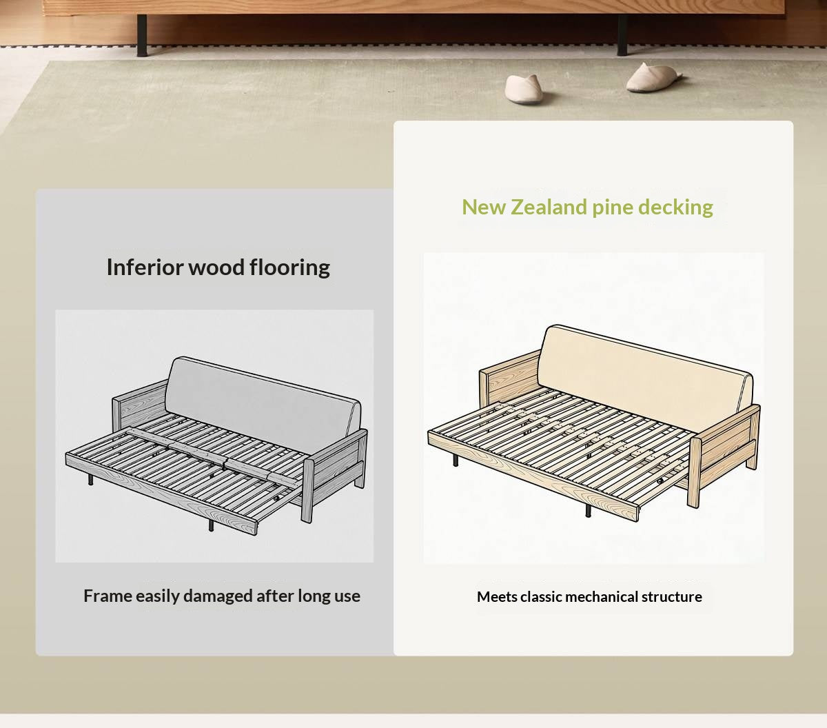 Oak Solid Wood Tufted Sofa Bed with Wood Frame and Side Storage Pocket