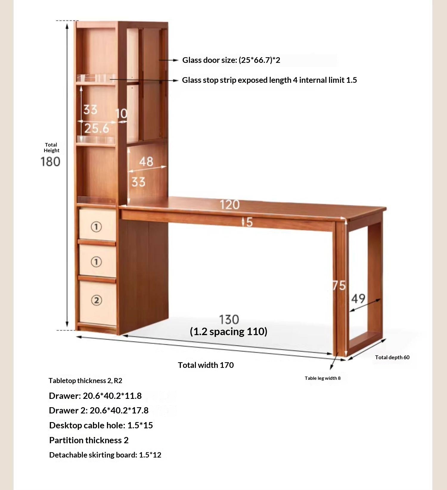 Poplar Solid Wood Retro Style Multifuntional Desk with Integrated Bookshelf