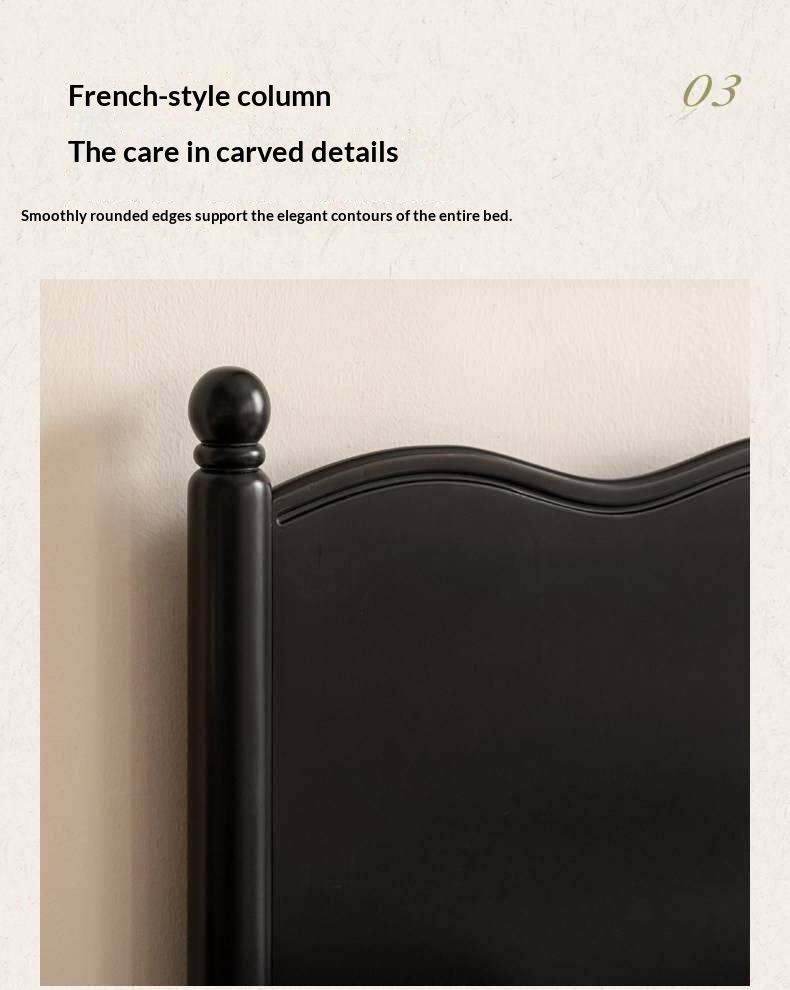 Rubberwood Solid Wood French Style Bed with Black Carved Headboard and Elegant Curved Frame