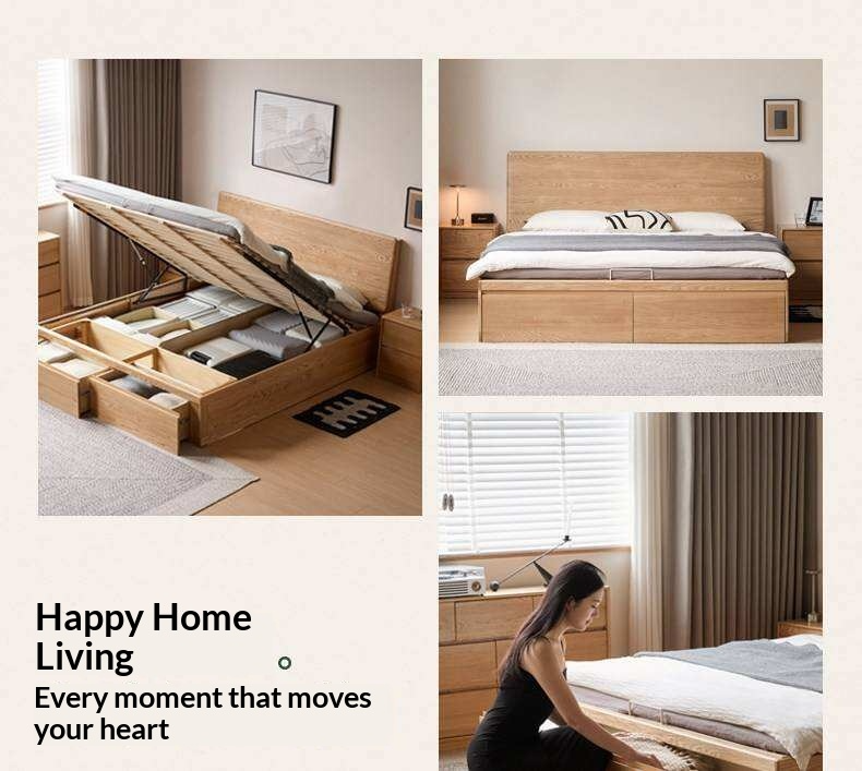 Oak Solid Wood Storage Bed with Hydraulic Lift-Up Frame and drawers