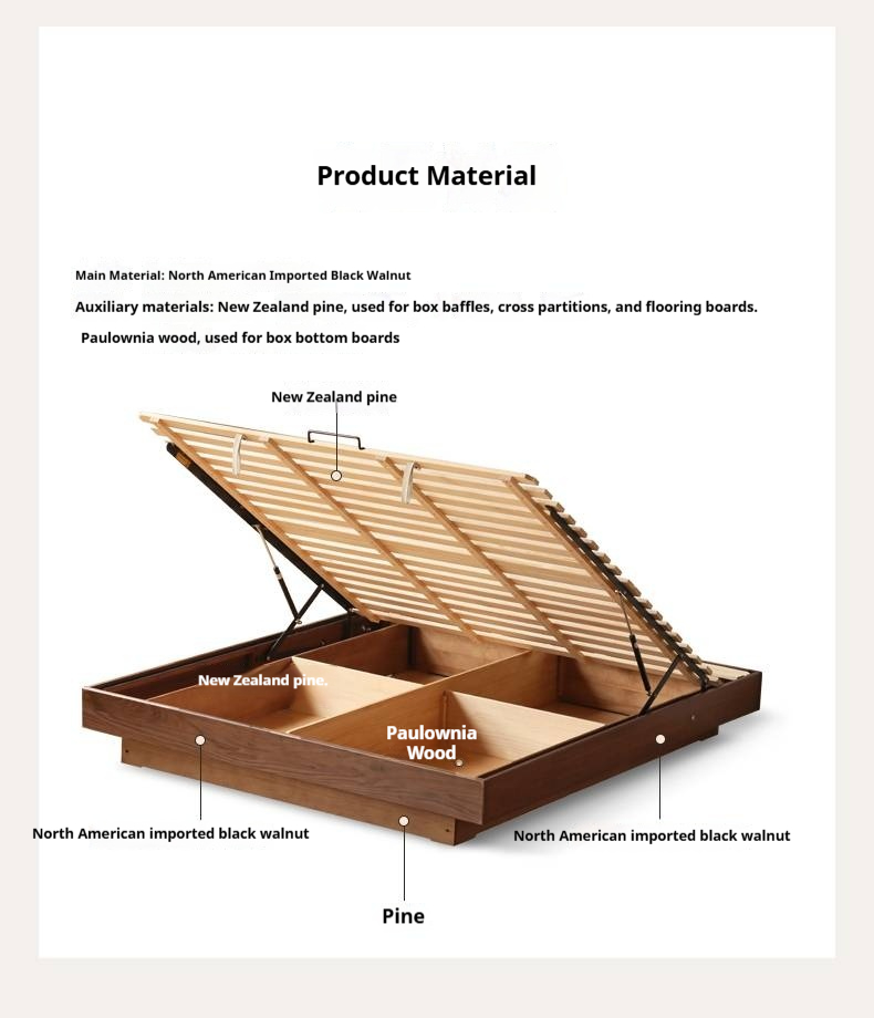 Black Walnut Solid Wood Platform Box Bed, Headboard-Free Bed Night Light Suspended Bed