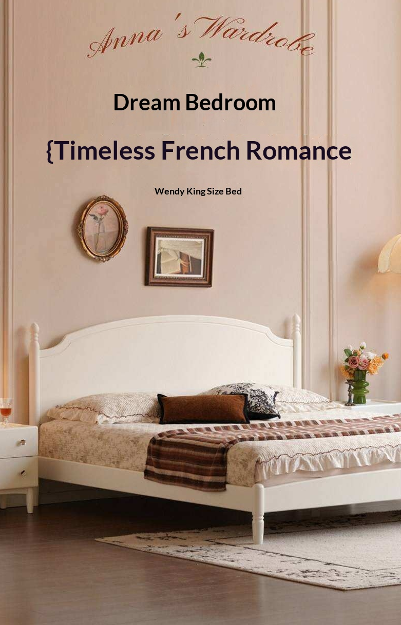 Rubberwood Solid Wood French Style Bed with White Curved Headboard and Elegant Retro Frame
