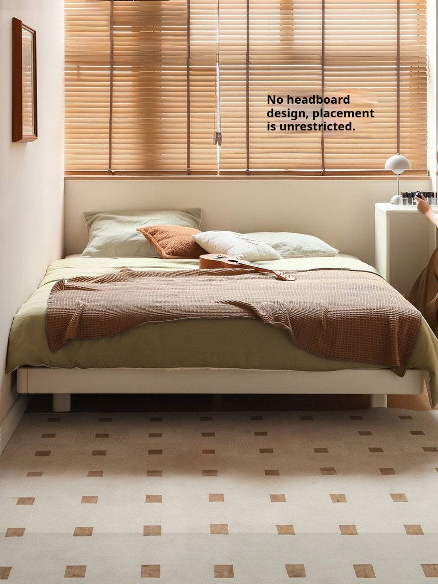 Rubberwood Solid Wood White Cream Platform Bed, Headboard-Free Bed