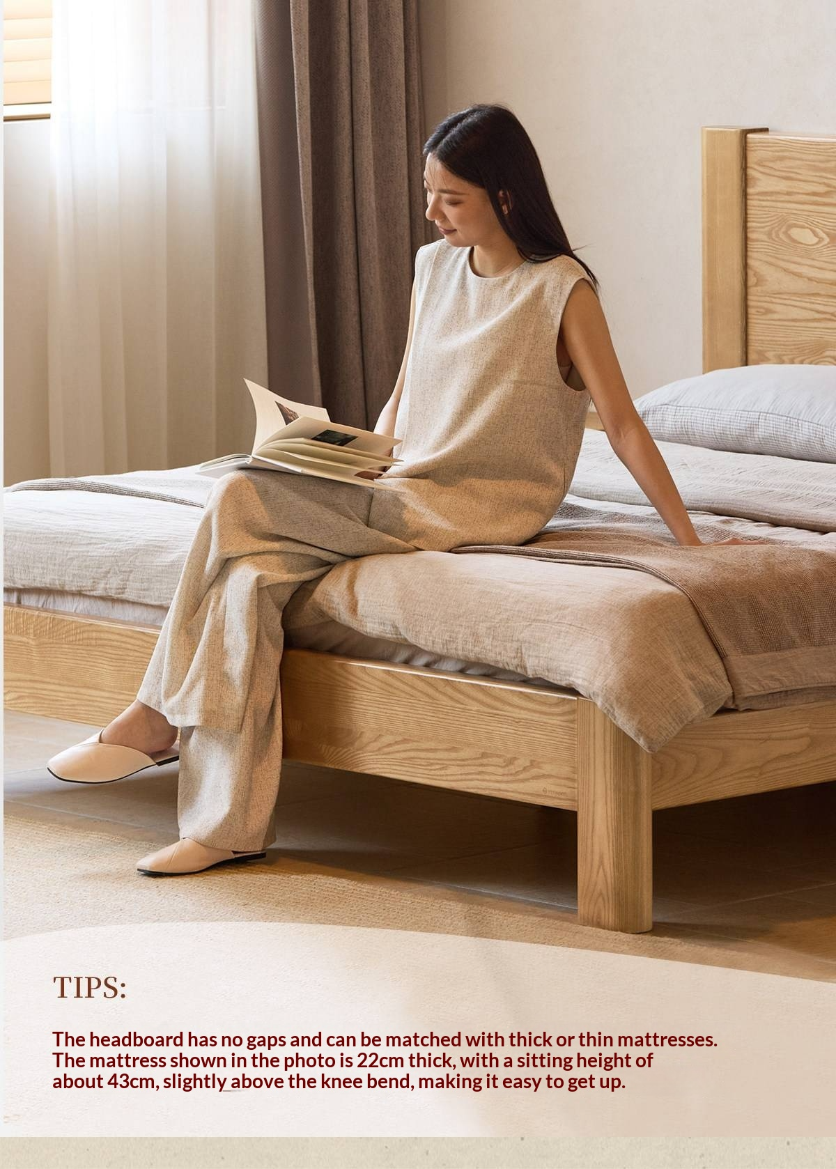 White Ash Solid Wood Platform Bed with Tall Flat Panel Headboard
