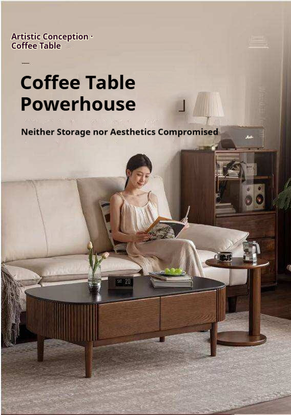 Oak Solid Wood Coffee Table with Rock Plate Surface