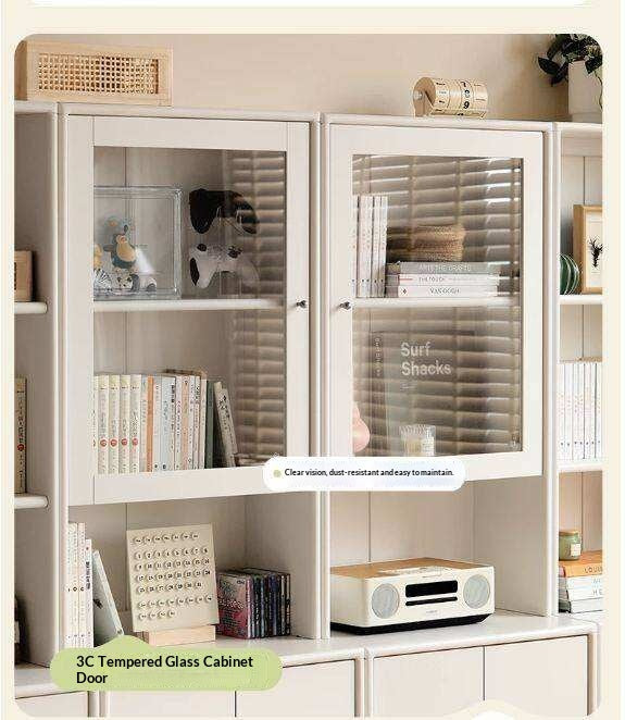 Solid RubberWood Bookcase Cream White Free Combination Glass Door Display Cabinet