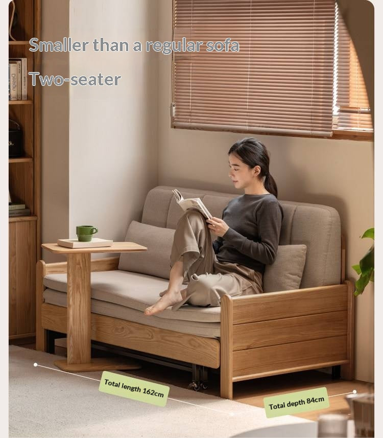 Ash, Oak Solid Wood Sleeper Sofa with Solid Wood Armrests and Built-In Wheels