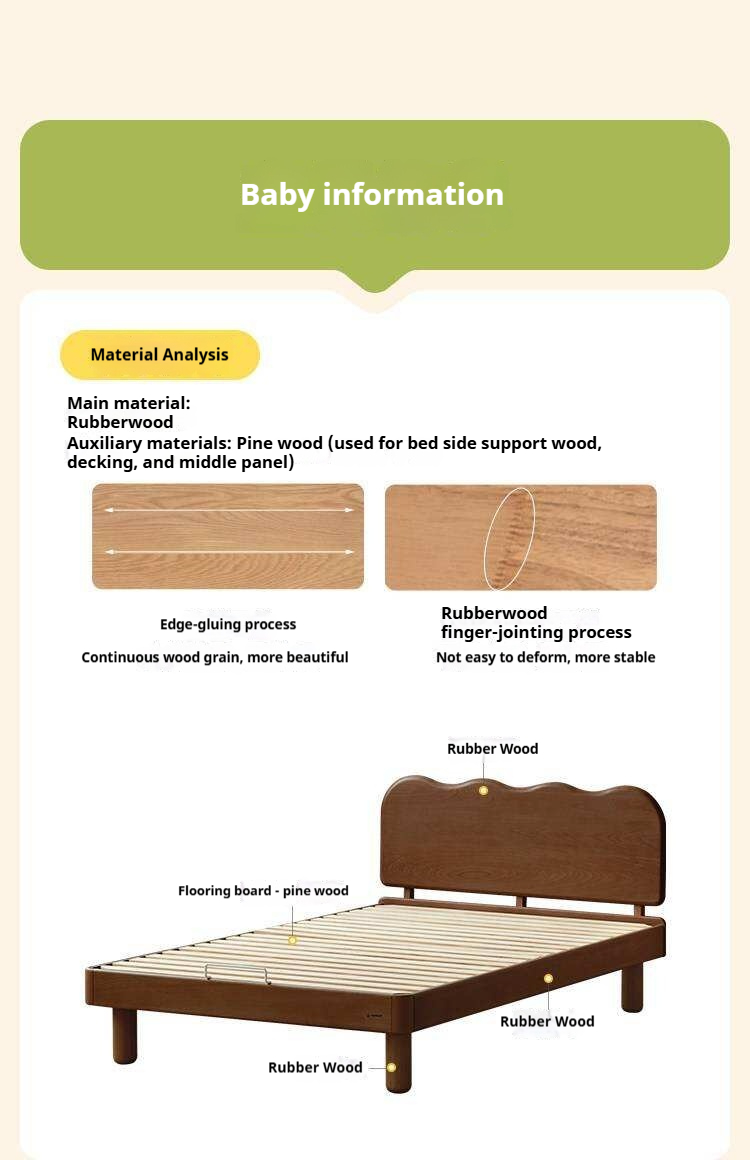 Rubberwood Solid Wood Low Kids Bed with Removable Legs and Adjustable Headboard Height