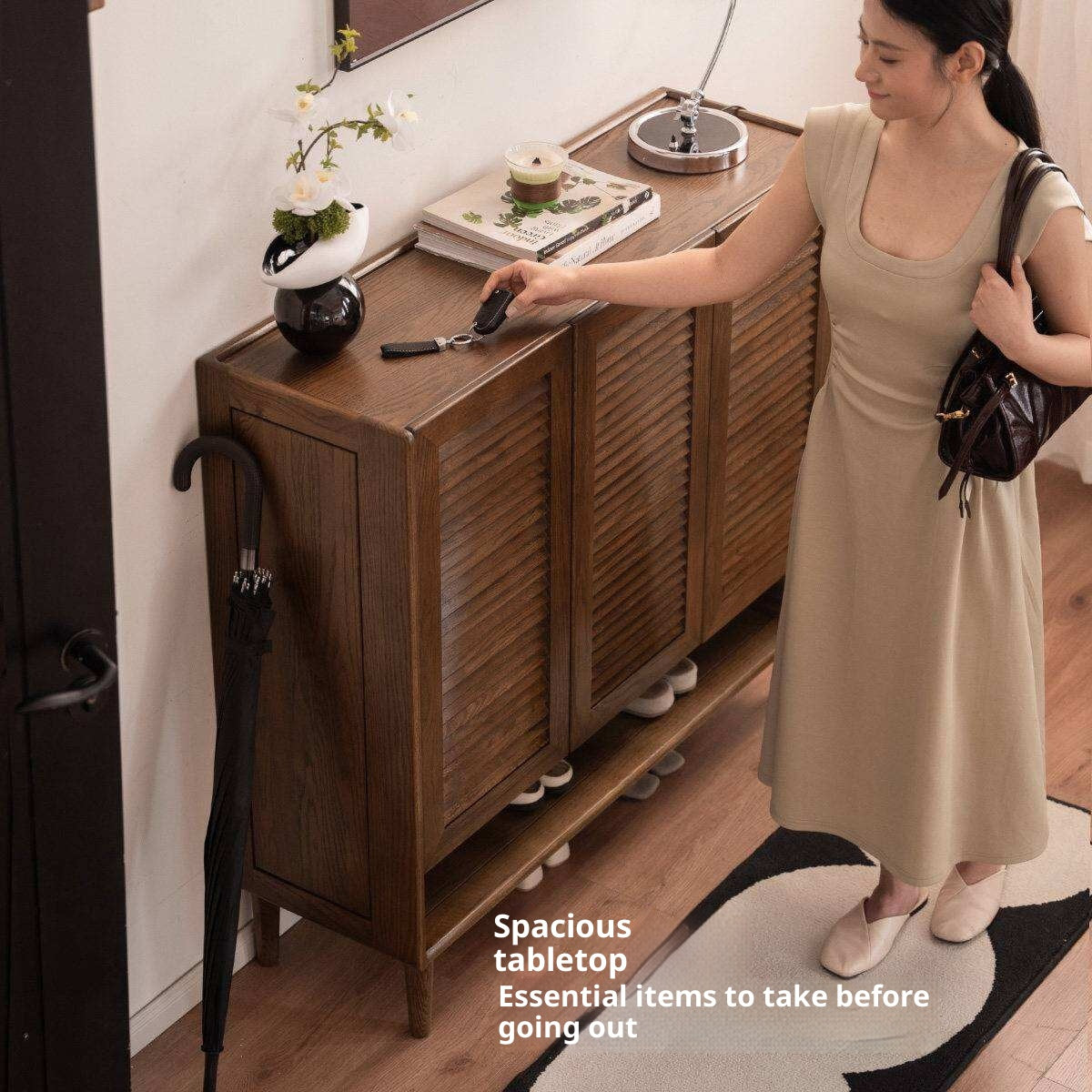 Oak Solid Wood, Rubberwood Solid Shoe Cabinet Entryway Storage Organizer Large Capacity