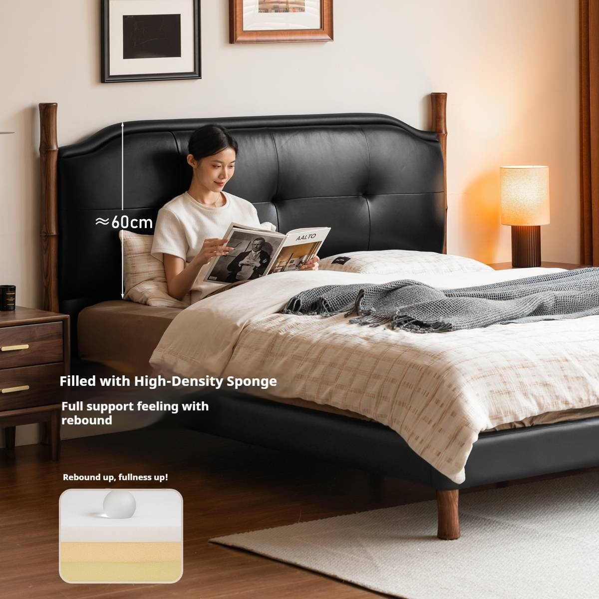 Genuine Leather Soft Headboard Bed