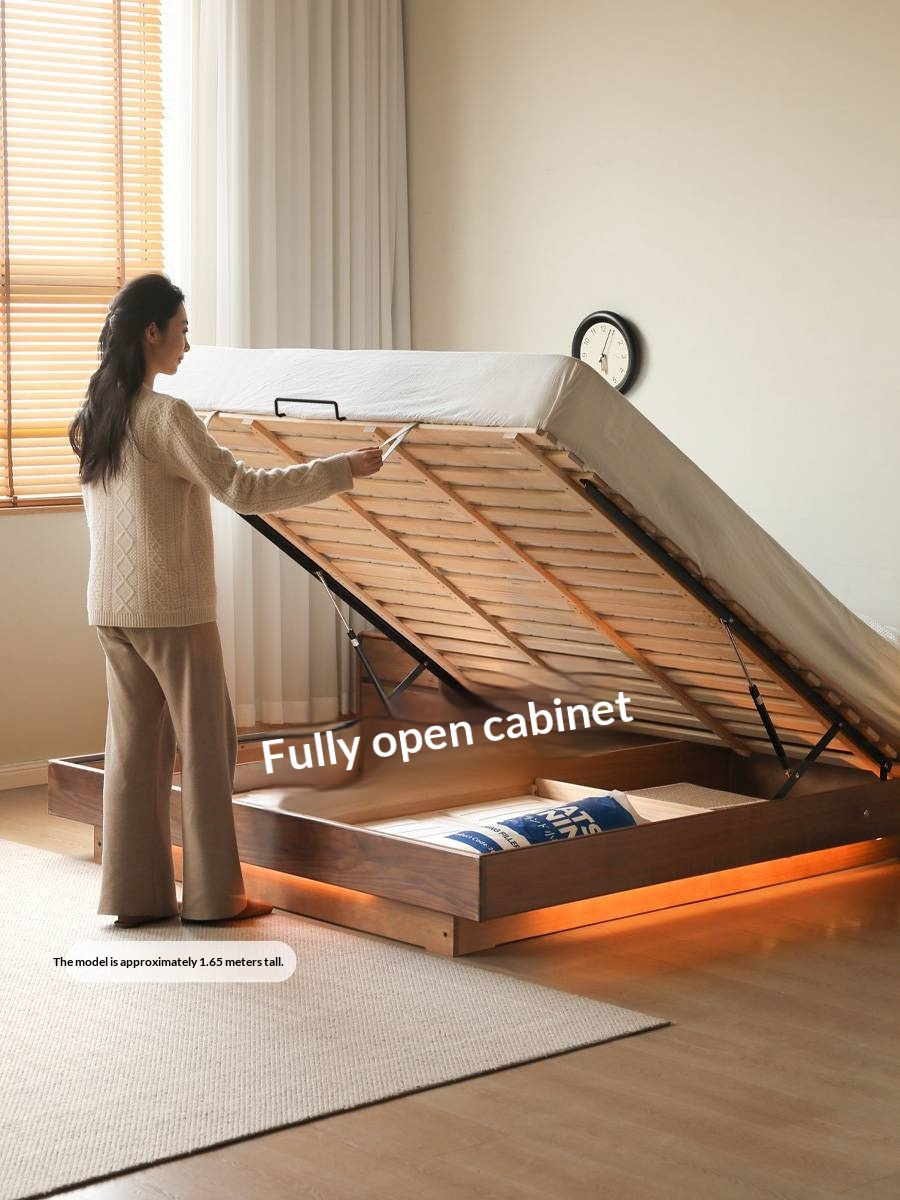 Black Walnut Solid Wood Platform Box Bed, Headboard-Free Bed Night Light Suspended Bed