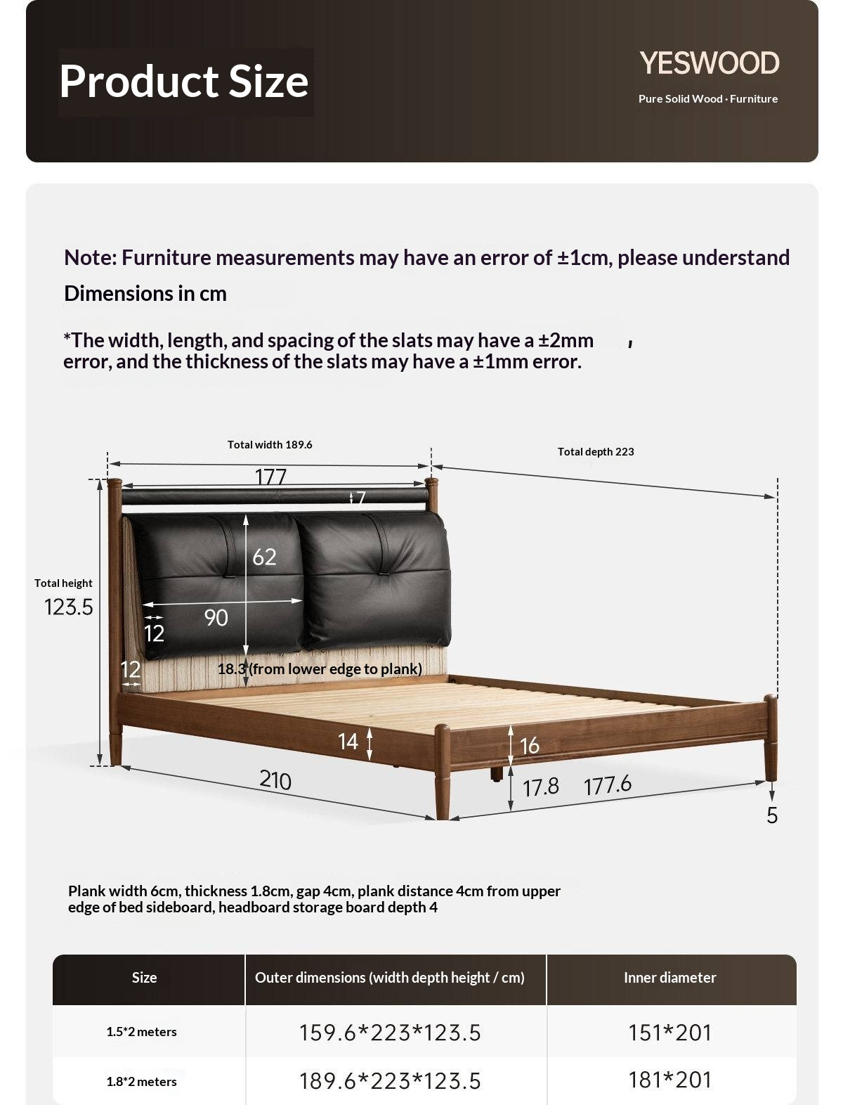 Black Walnut Solid Wood Bed with Plush Genuine Leather Cushioned Headboard