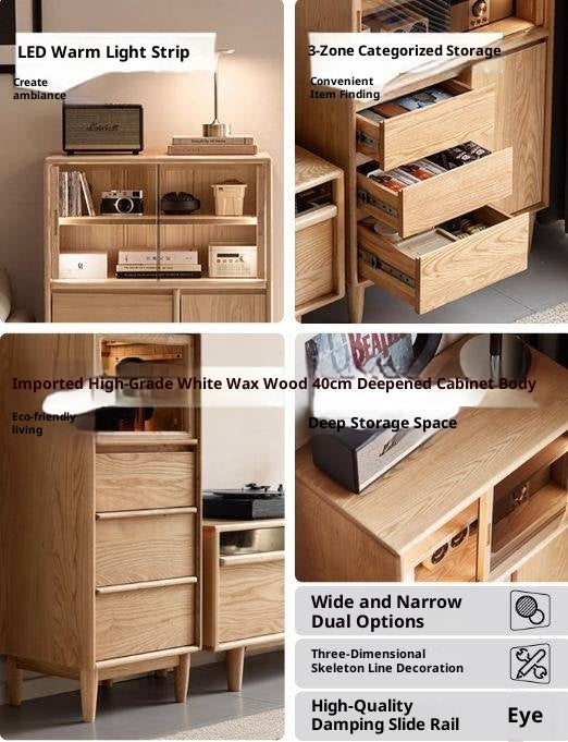 Ash Solid Wood Modern Minimalist Side Cabinet with Light.