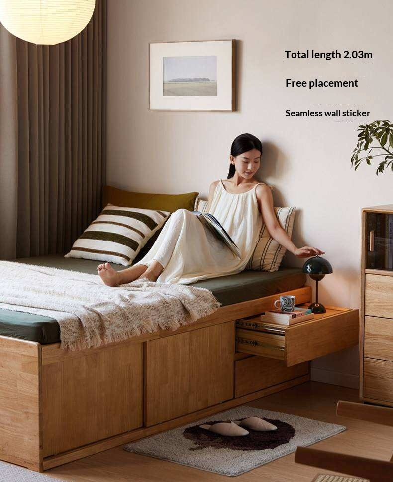 Rubberwood Solid Wood Low Platform Storage Bed with Side Drawers