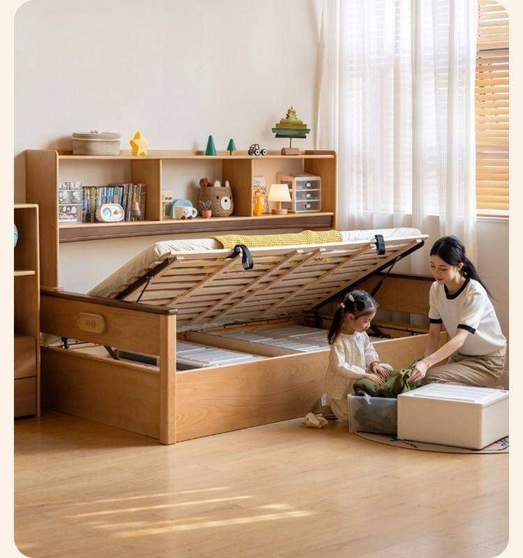 Beech Solid Wood Kids Storage Bed with Bookcase Headboard and Gas Lift Base