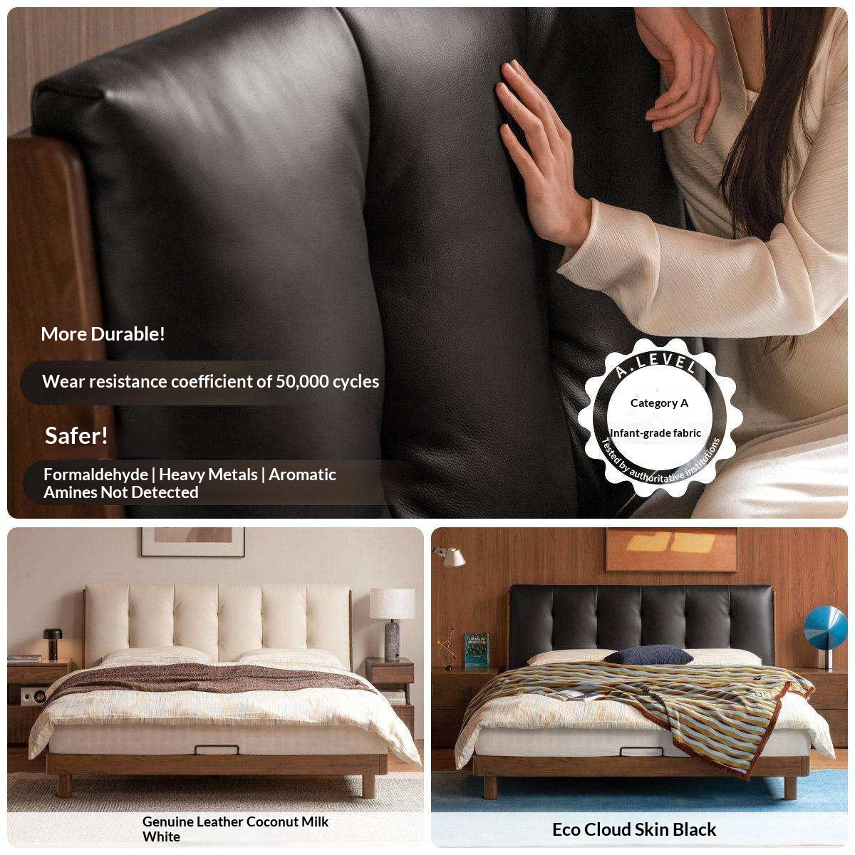 Black Walnut Solid Wood Leather Upholstered Platform Bed with Vertical Channel Tufted Headboard