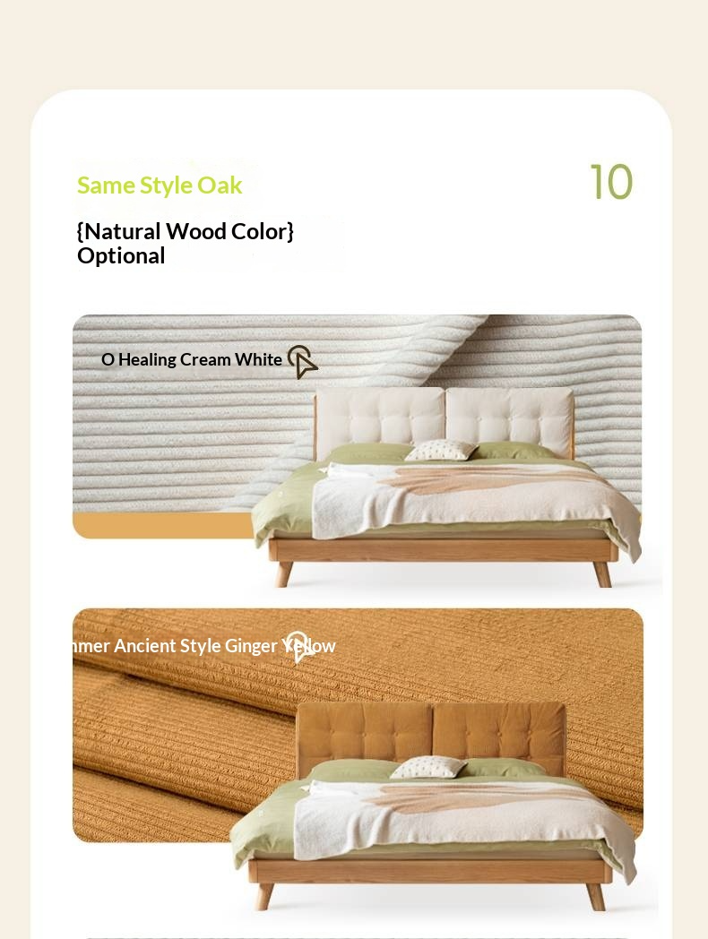 Oak, Rubberwood Solid Bed with Cream Finish — Casual Bedside with Soft Bag Backrest and White Soft Back