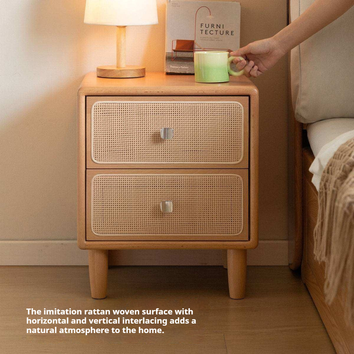 Beech Solid Wood Rattan Log Style Nightstand