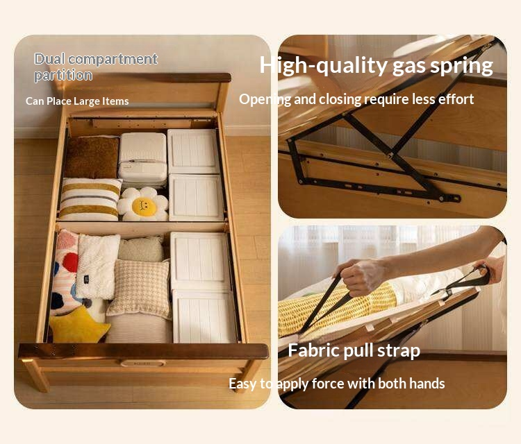 Beech Solid Wood Kids Storage Bed with Bookcase Headboard and Gas Lift Base