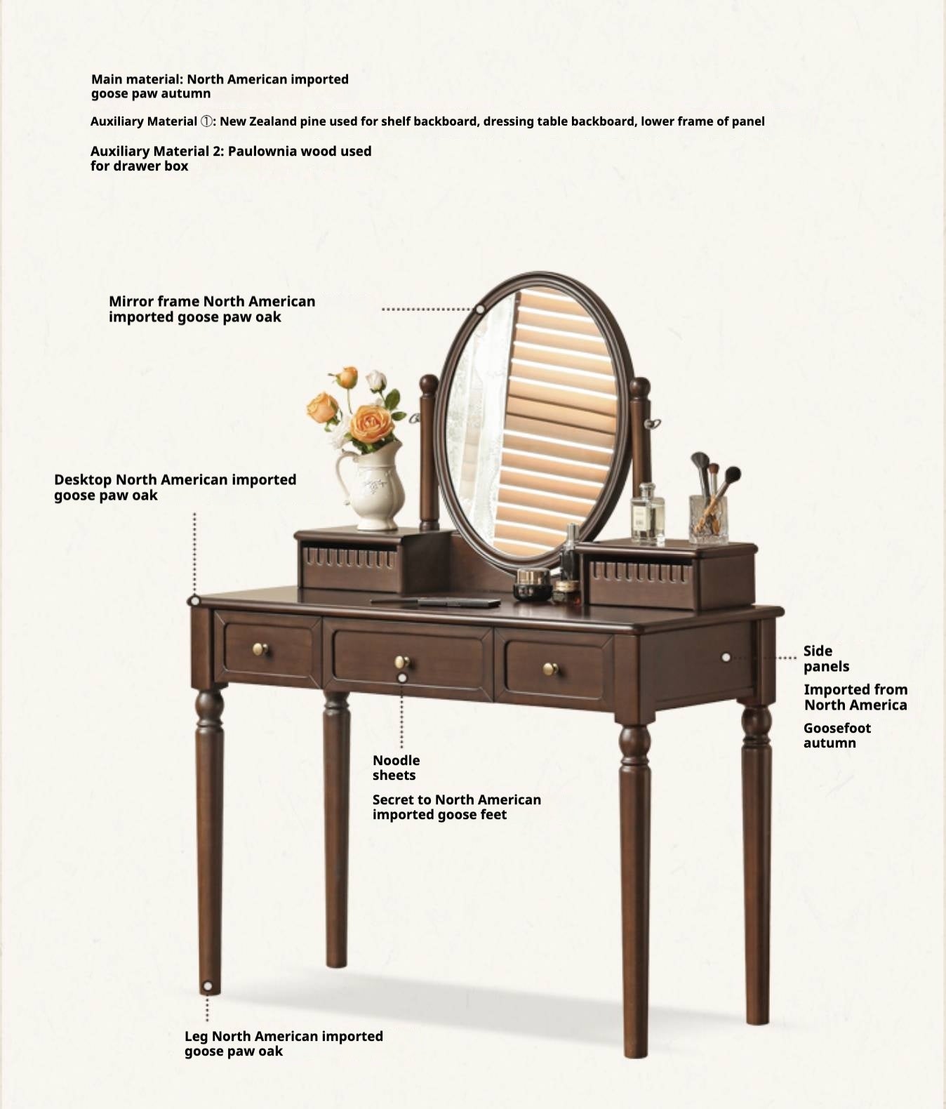 Poplar Solid Wood American Retro Style Dressing Table with Makeup Mirror