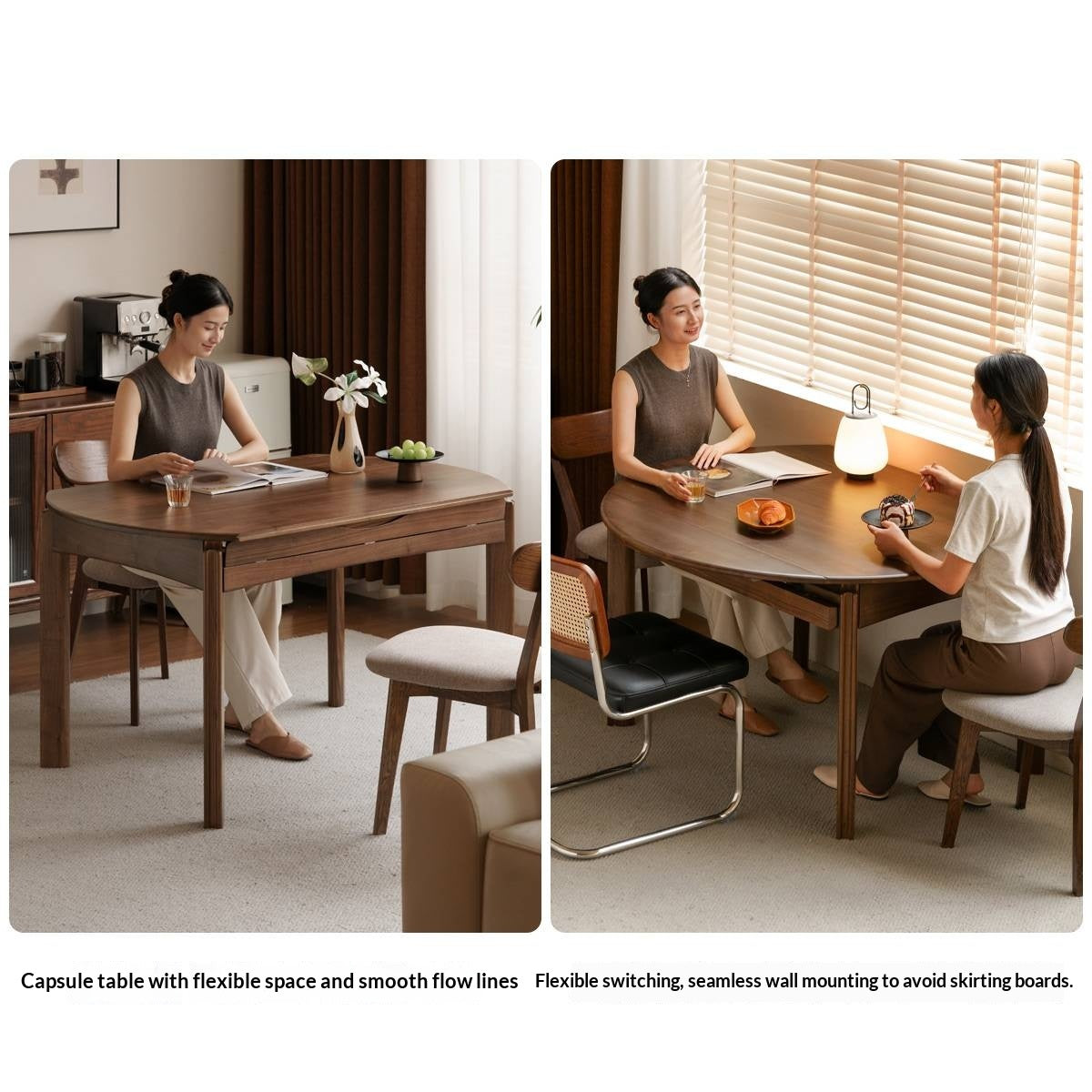 Black Walnut Solid Wood Retractable Round Dining Table