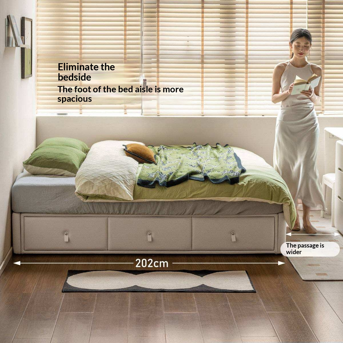 Upholstered Storage Platform Bed, Modern Minimalist White Eco Leather Tatami Bed with Box Storage