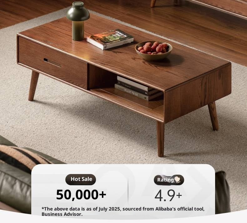 Oak, Solid Rubberwood Two-Drawer Coffee Table Walnut Color