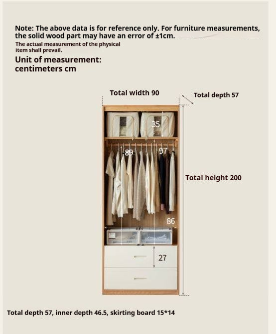 Oak Solid Wood Armoire Wardrobe with Hanging Rod and Drawers