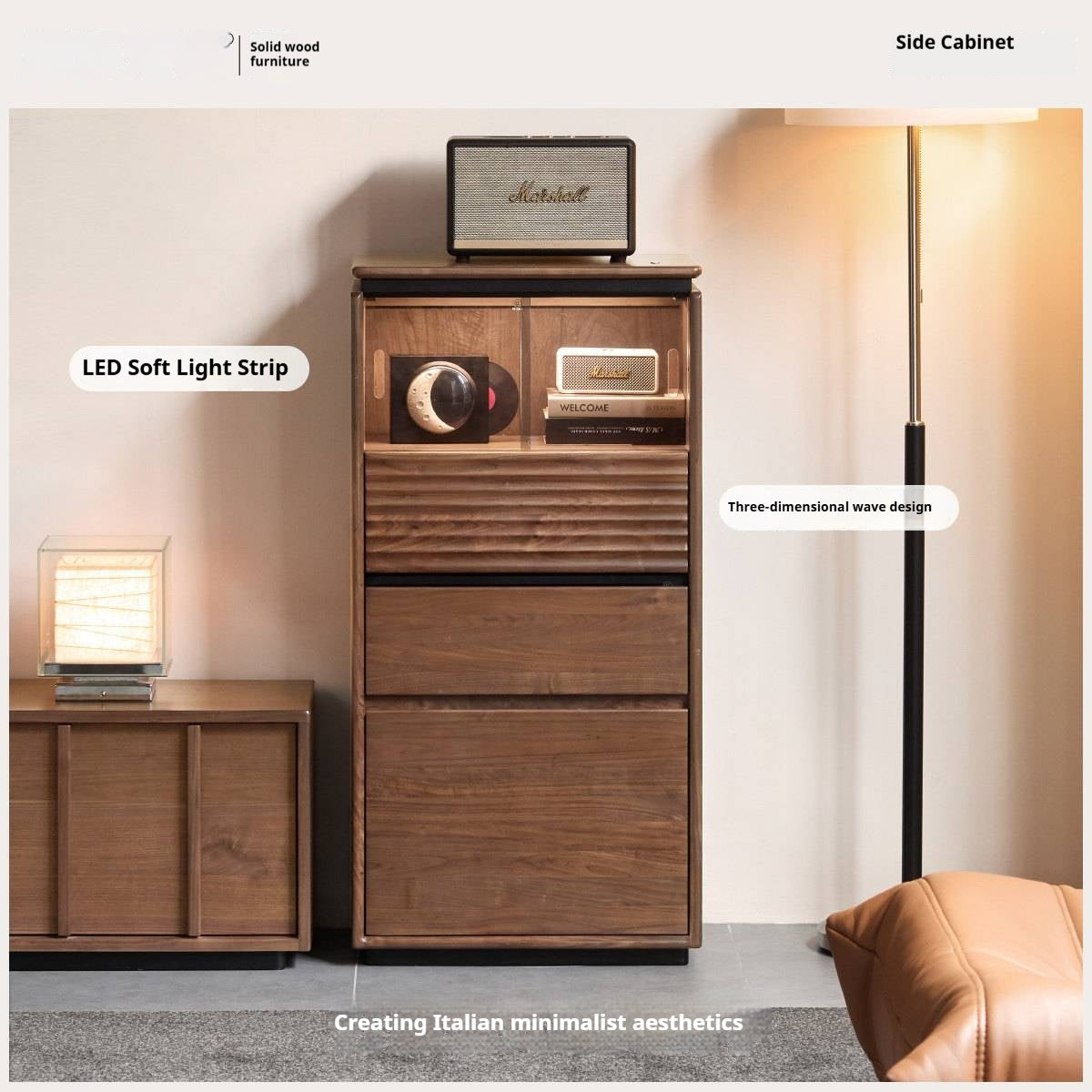 Black Walnut, Ash, Oak Solid Wood Tall Side Cabinet with Louvered Sliding Door and LED Lighting