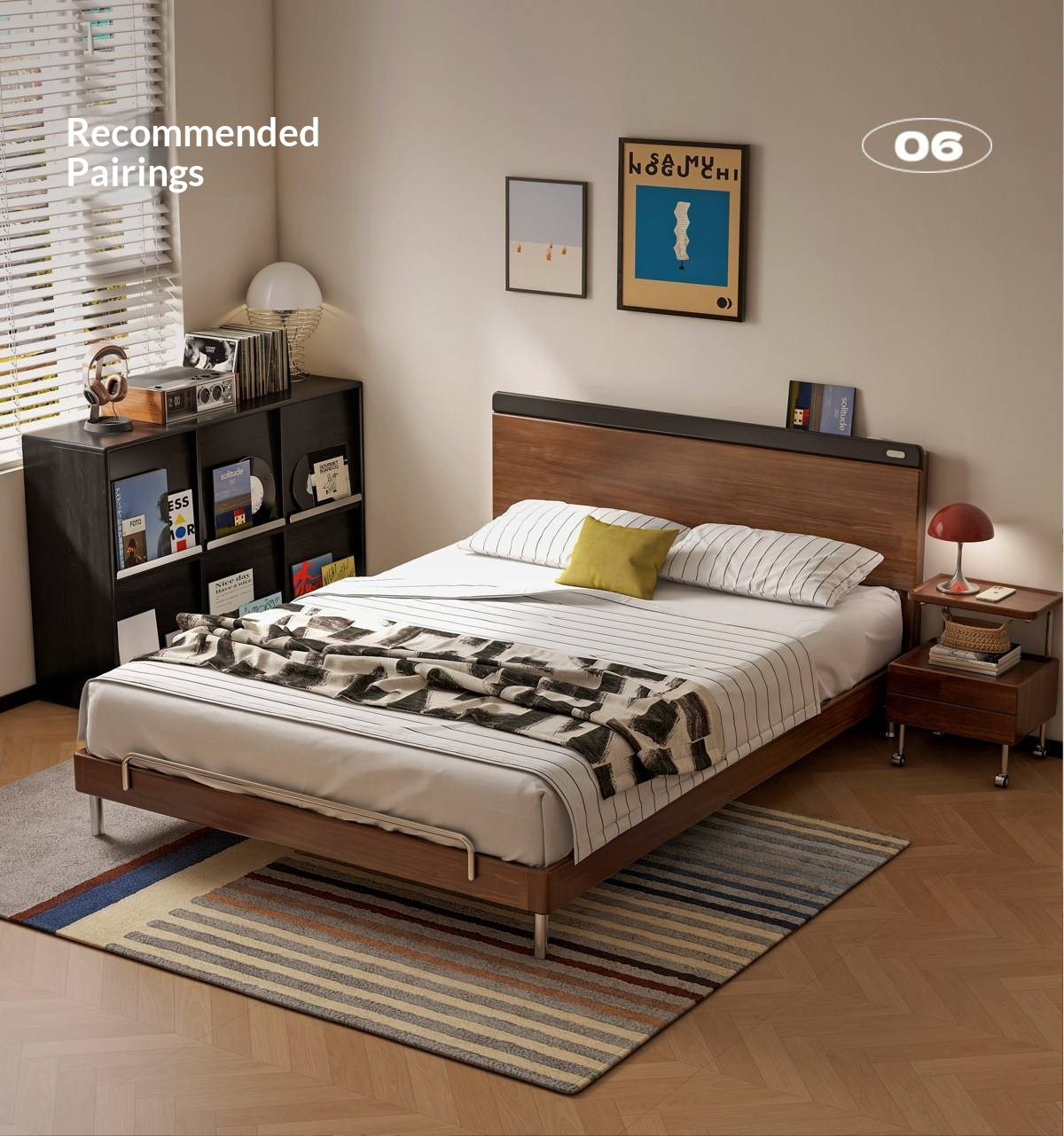 Rubberwood Solid Wood Platform Bed with Metal Legs and Two-Tone Headboard
