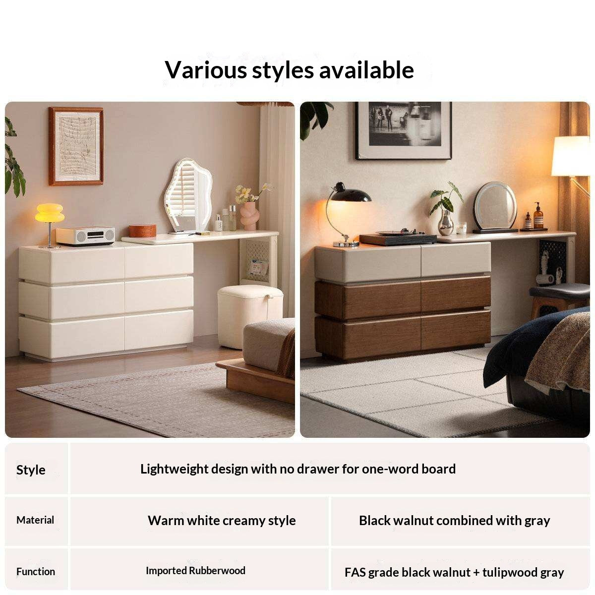 Solid Rubberwood Telescopic Vanity Table with Single-Layer Storage in White Cream