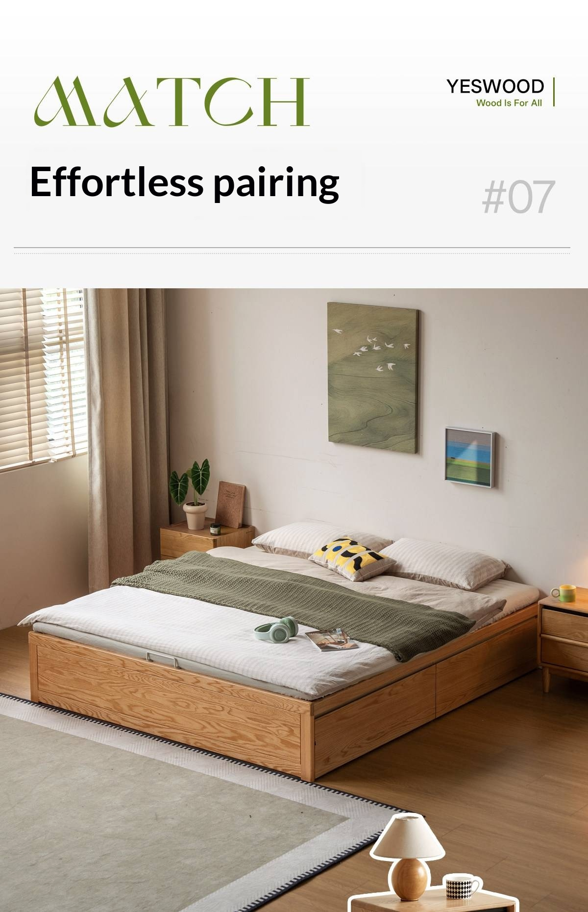 Oak Solid Wood Storage Platform Bed with Drawers, Natural Color