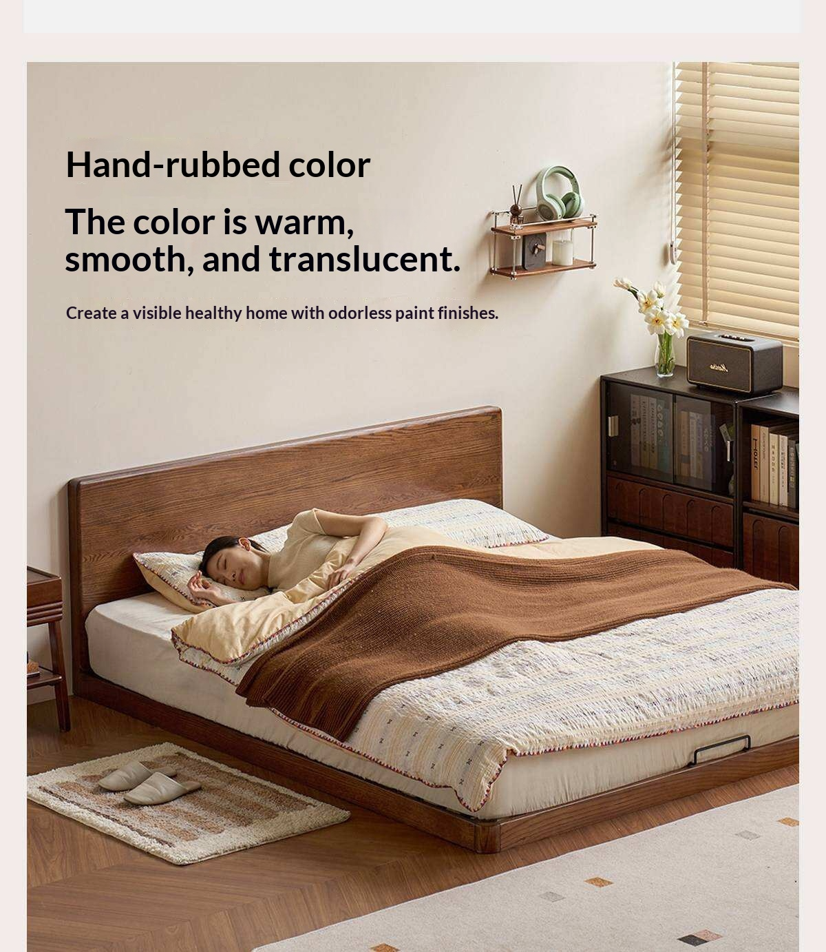 Oak Solid Wood Bed with Removable Headboard and Low Floor Design