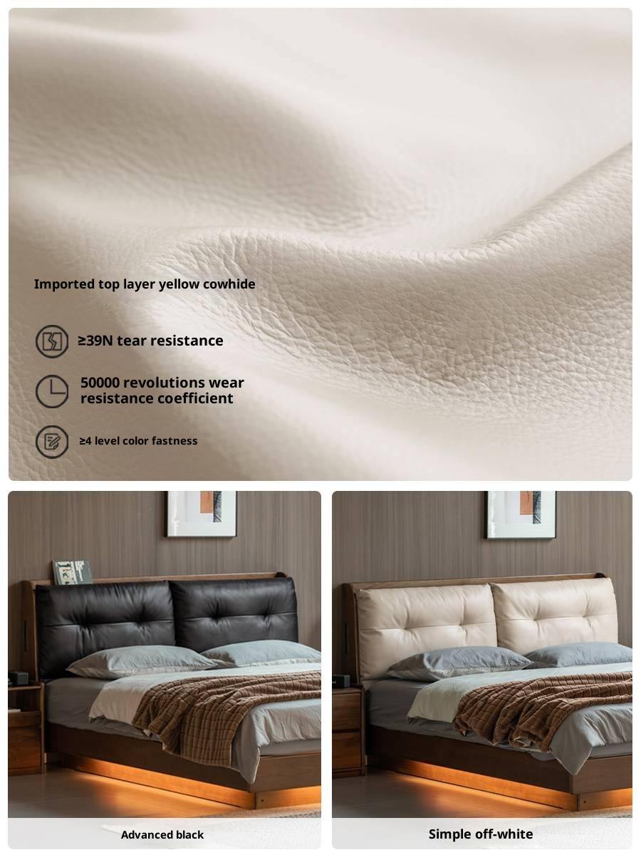 Oak Solid Wood Luxury Genuine Leather Box Bed