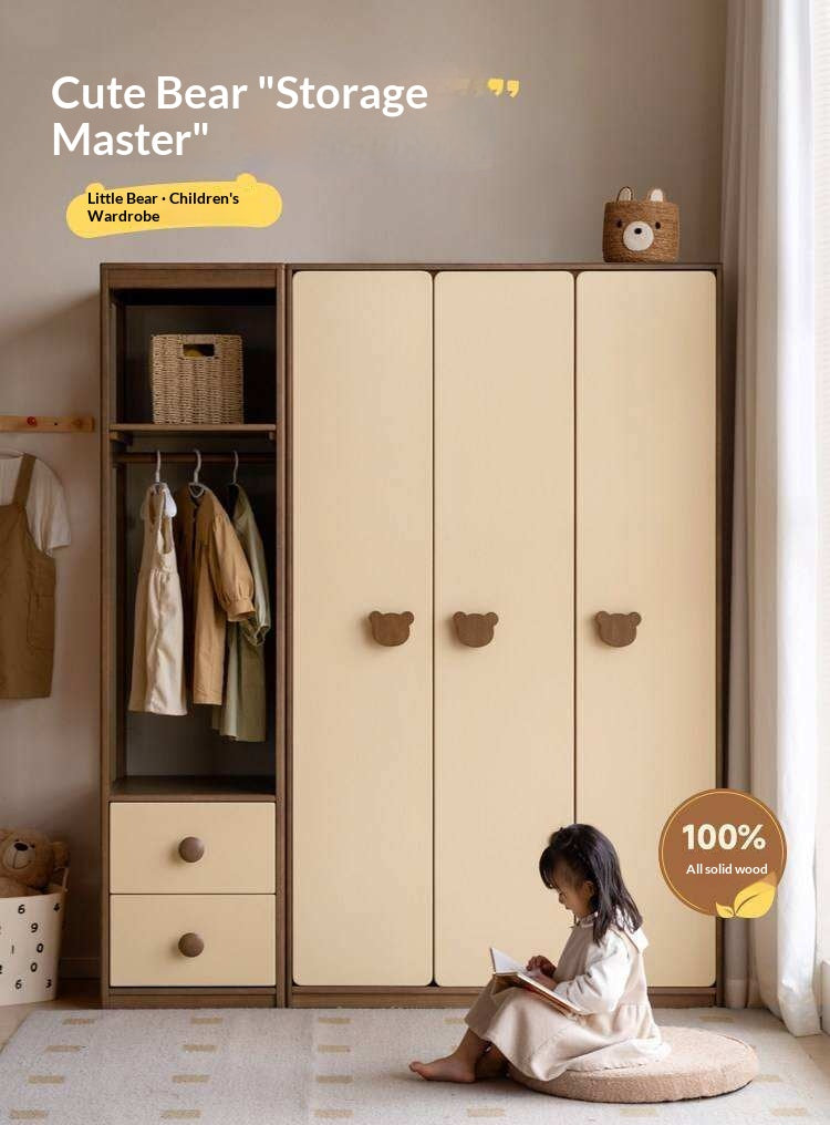 Solid RubberWood Kids Wardrobe Closet with Bear Handles and Storage Drawers