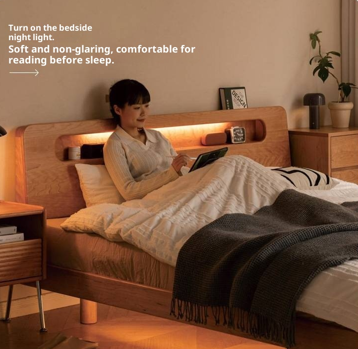 Cherry Solid Wood Retro with Socket Night Light Bed