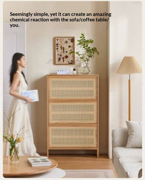 Oak Solid Wood Shoe Cabinet with Modern Minimalist Flip Door, Rattan Accents