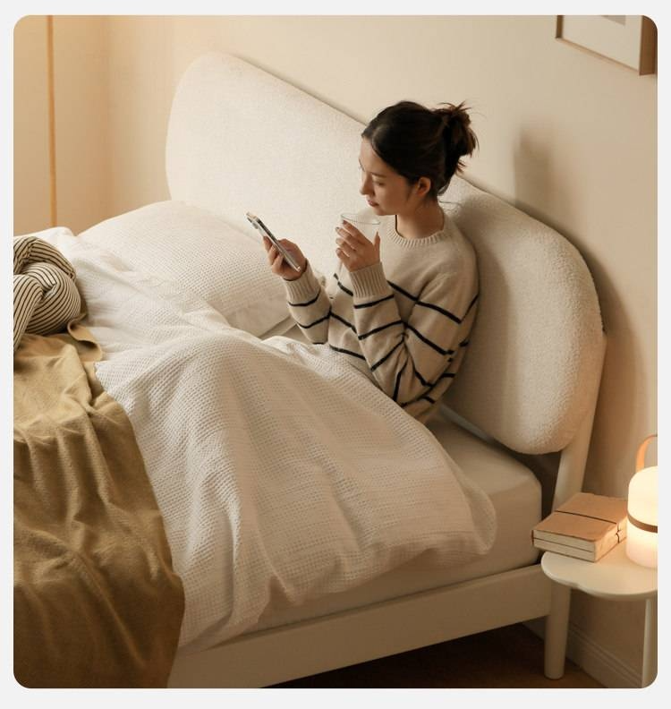 Poplar Solid Wood Bed — Upholstered with Fabric, Creamy Lambswool Soft Backrest