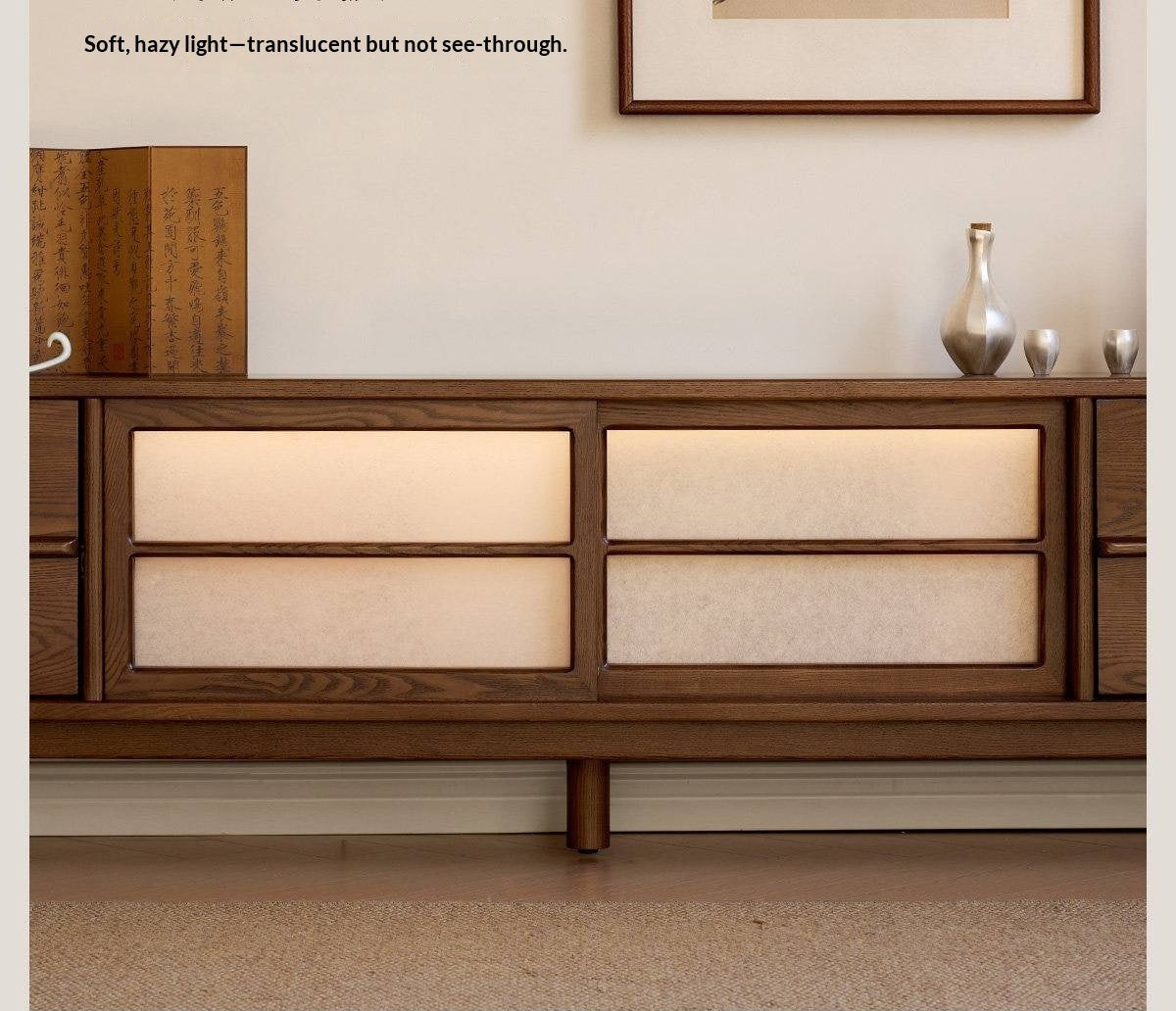 Ash Solid Wood Japanese Shoji-Style TV Console with LED Ambient Lighting