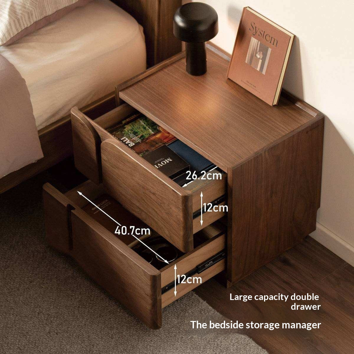 Black Walnut Solid Wood Nightstand with Light Luxury Storage Cabinet