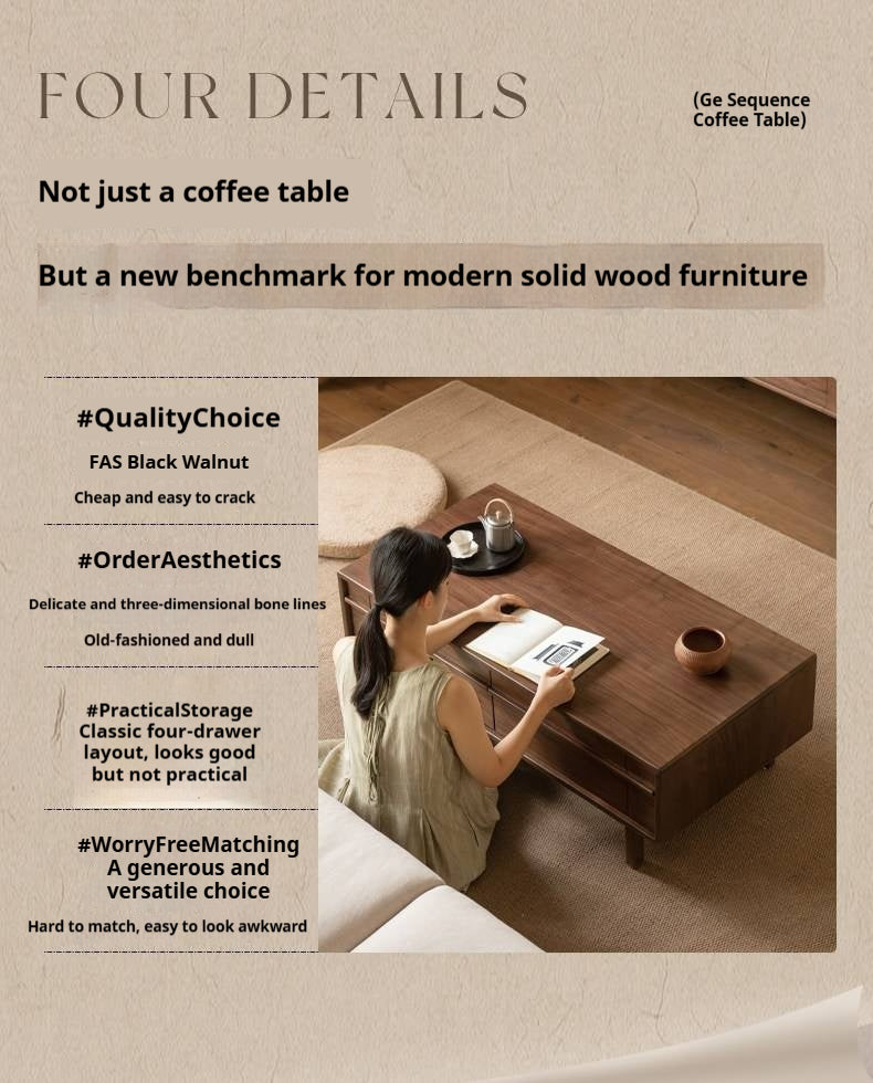 Black Walnut Solid Wood Modern Casual Coffee Table
