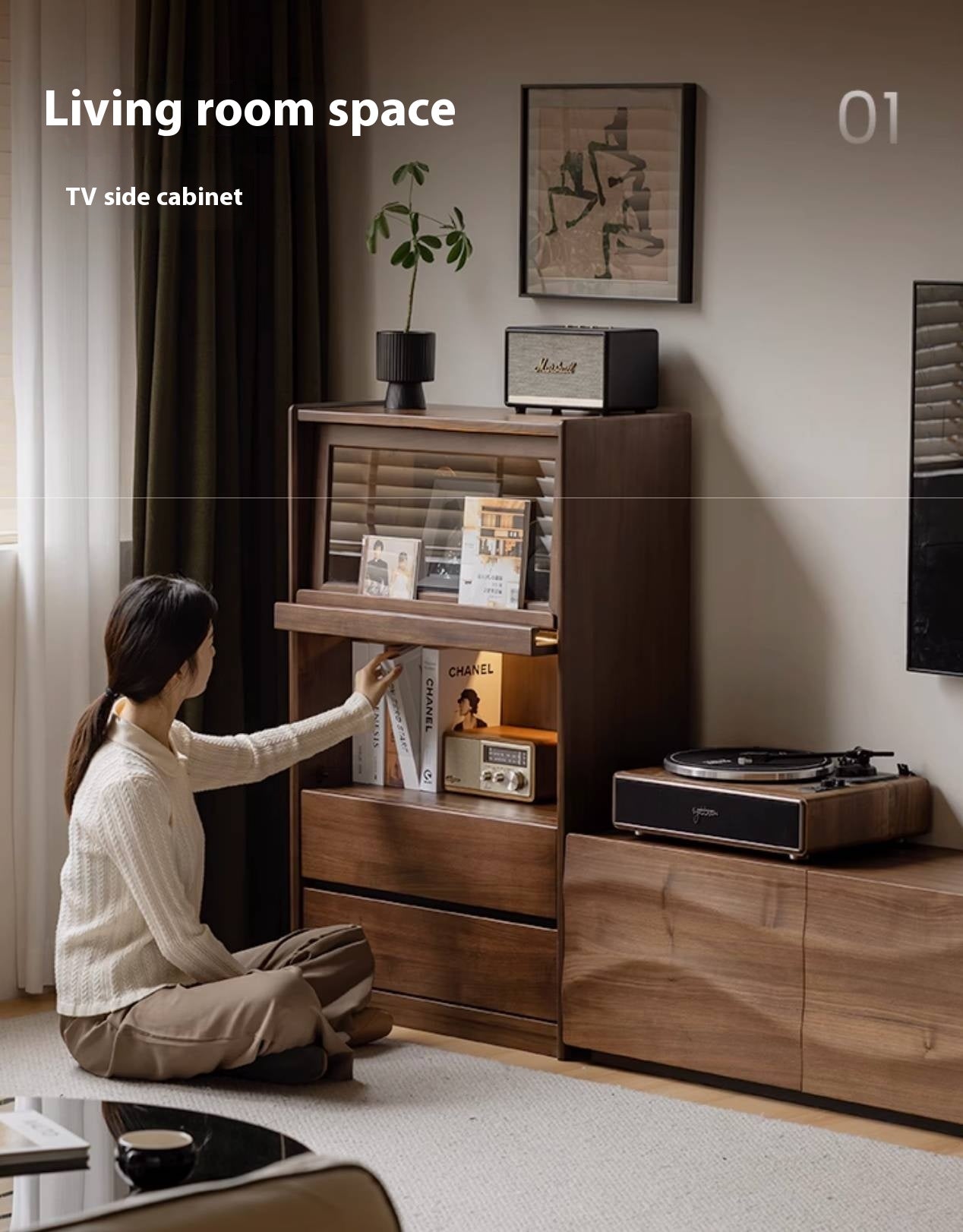 Black Walnut, Solid Longan Hardwood, Ash Solid Wood Modern Style Side Cabinet.